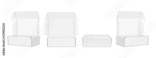 Set of Blank Packing Boxes, Opened, Closed, Front and Side View, Isolated on White Background. Vector Illustration