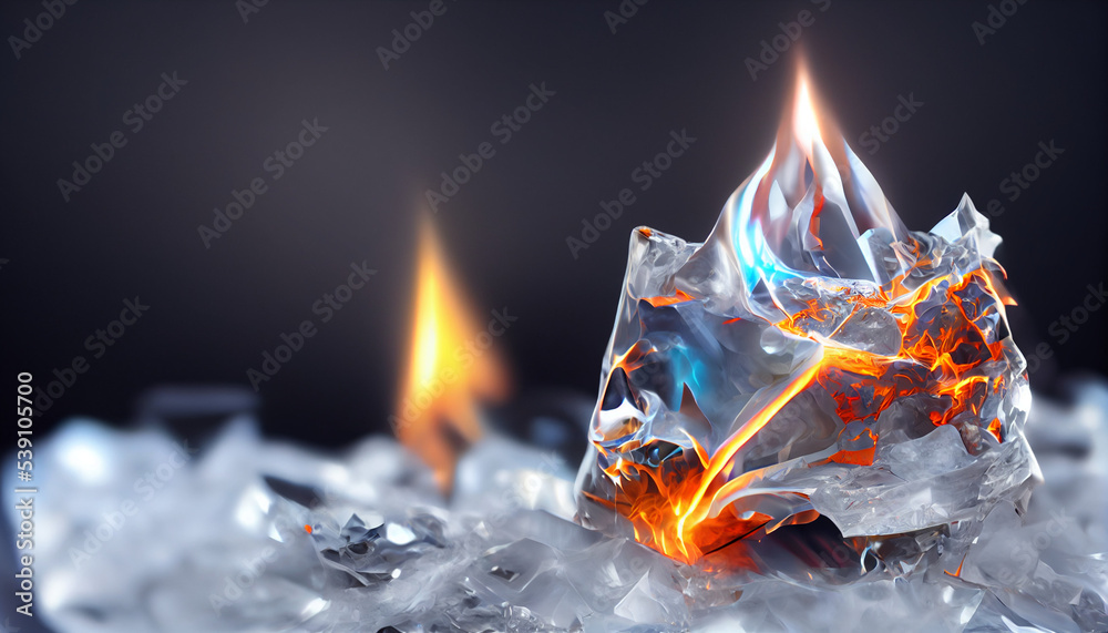 melt ice crystals burning with red yellow fire. Cold winter frozen ice