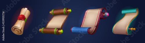 Luxury ancient parchment scrolls, royal manuscripts with color and gold frame. Old blank rolled up letters, antique paper documents, empty papyrus sheets, vector cartoon set