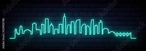 Blue neon skyline of Gold Coast. Bright Gold Coast City long banner. Vector illustration.