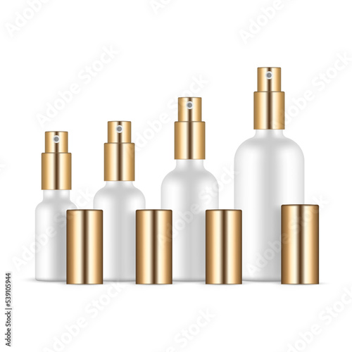 Set of Perfume Bottles With Gold Sprayers and Caps, Isolated on White Background. Vector Illustration
