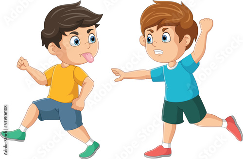 Cartoon bad boy running with showing tongue and grimacing face to angry friend