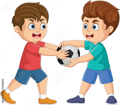 Cartoon two boys fighting over a soccer ball