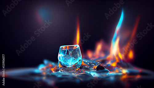ice glass. Cold winter frozen ice cubes emit heat and flame. Inspired by song of ice and fire mythology. Fire contained inside ice crystal, inner fire inside glass