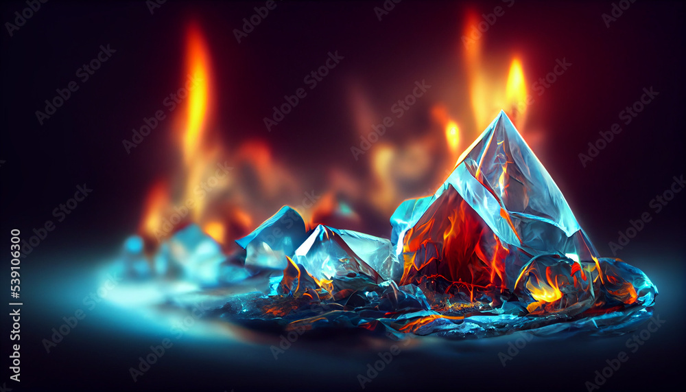 tent ice crystals burning with red yellow fire. Cold winter frozen ice  cubes emit heat and