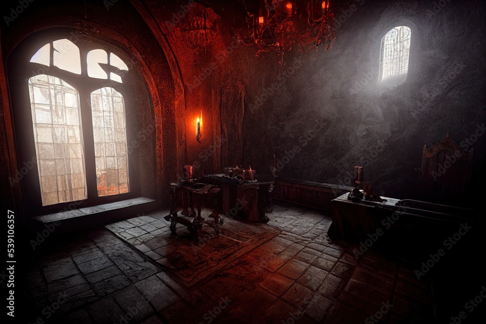 A Transylvanian Victorian living room with a table, sofa, and lounge chairs lit by candles to create an eerie gothic atmosphere for Halloween vampire games. 3D illustration