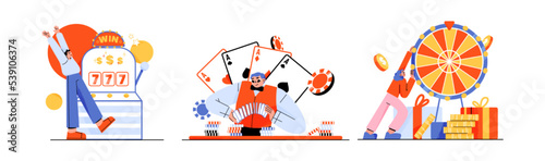 Happy people play in casino, gambling. Man win jackpot in slot machine, woman get prize with wheel of fortune, croupier shuffles poker cards, vector flat illustration