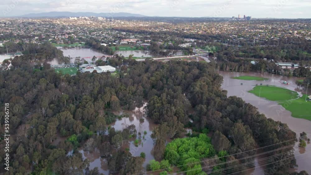 Aerial view over the sporting fields in Bulleen Park inundated with flood water on 14 October 2022. Melbourne, Victoria, Australia Aerial view over the sporting fields in Bulleen Park inundated with flood water on 14 October 2022. Melbourne, Victoria, Australia