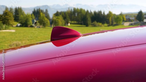 The bonnet of an Alfa Romeo car in the Alps mountains of France