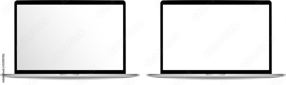Realistic laptop mockups on transparent background. Vector set of laptop with blank and transparent screen, silver design. PNG image - obrazy, fototapety, plakaty 