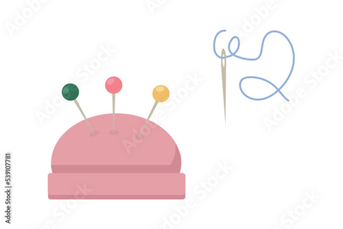 Cushion for needles. Sewing accessories. Pins and needles for sewing. Flat illustration isolated on white background.