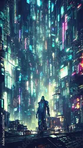 Cyberpunk metropolis  cinematic. Cover  illustration.