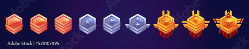 Game rank icons, level badges, bronze, silver and gold metallic ui hexagon tags with military stars and wings. Isolated metal award or bonus graphic elements, reward, trophy achievement Vector set