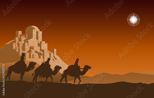 Fotografija A Christmas Nativity Scene illustration with the three wise men or magi travelling following the star