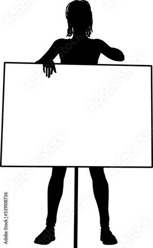 Protestor or demonstrator at a demonstration march, picket line or strike protest rally in silhouette. Holding up a banner or picket sign board placard.