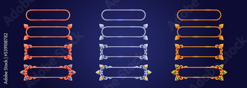 Game frames, bronze, gold and silver horizontal borders with ornate rims, gems. Ui level plaques evolution from simple to luxury. Isolated cartoon graphic gui elements for rpg, mmo or app, Vector set