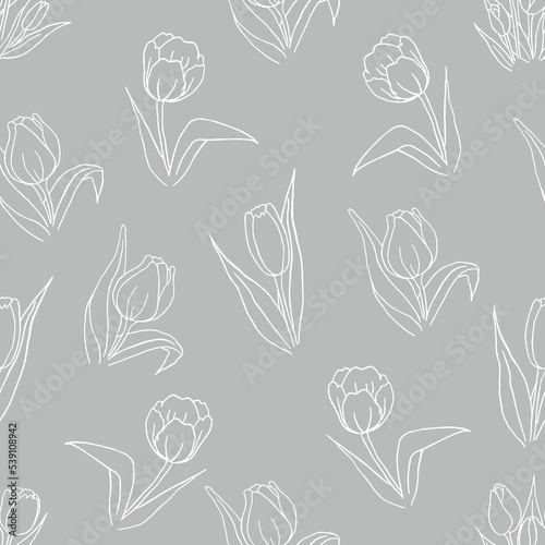 Tulip white line on grey vector seamless pattern. Tulip seamless pattern vector background. Decorative seamless illustration, good for printing.