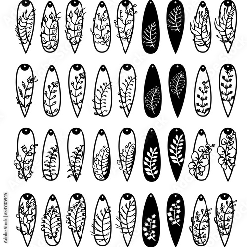 Silhouette earrings. Jewelry collection. Isolated teardrop-shaped pendants. Lots of black earrings with plants. For needlework and sublimation