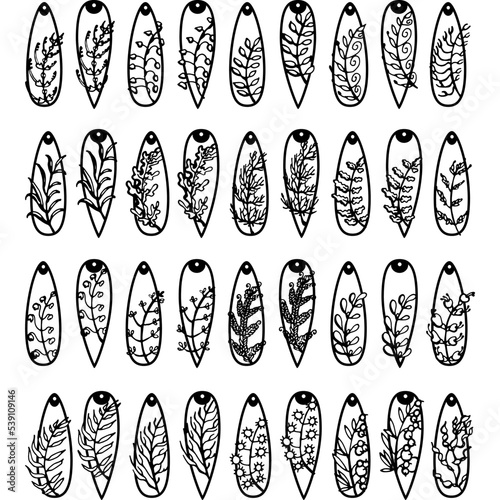 Silhouette earrings. Jewelry collection. Isolated teardrop-shaped pendants. Lots of black earrings with plants. For needlework and sublimation
