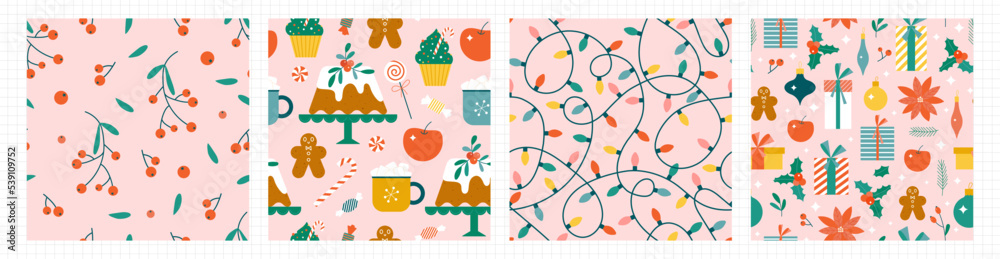Christmas seamless pattern collection. Cute flat berry, sweet, lights and gift box backgrounds for wrapping paper and other Xmas design. Sparkling festive wallpapers for New Year celebration.