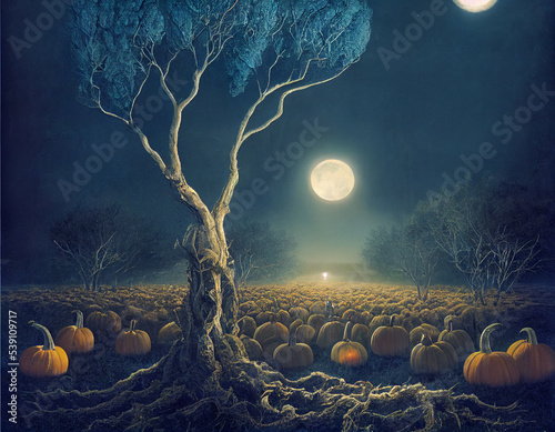 Dark spooky halloween forest with pumpkins by the moonlight, ai generated photo