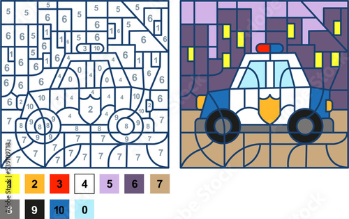 Puzzle game police car, color by number sheet for children. Vector coloring page for learning numbers