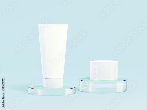 3d glass podium. Beauty product display cosmetic minimal scene. Vector cosmetic promotion stage.