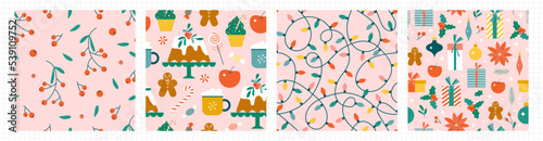 Christmas seamless pattern collection. Cute flat berry, sweet, lights and gift box backgrounds for wrapping paper and other Xmas design. Sparkling festive wallpapers for New Year celebration.