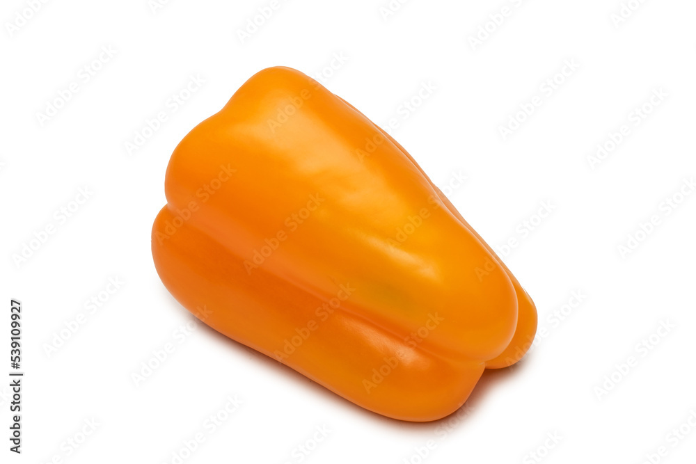 Orange bell pepper isolated on white background. Top view. Copy space. Orange bell pepper isolated on white background. Top view. Copy space.