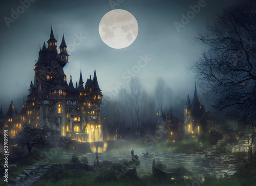 Foto Fantasy castle on a full moon night.