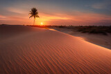 Panorama banner of sand dunes Sahara Desert at sunset. Endless dunes of yellow sand. Desert landscape Waves sand nature.   