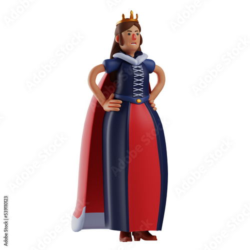 3D illustration. Cute Queen 3D cartoon character having an elegant pose. hands are on the waist. showing an angry expression. 3D Cartoon Character