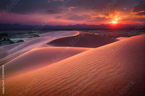 Panorama banner of sand dunes Sahara Desert at sunset. Endless dunes of yellow sand. Desert landscape Waves sand nature