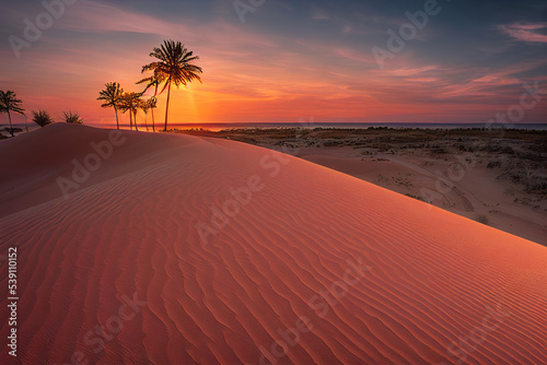 Panorama banner of sand dunes Sahara Desert at sunset. Endless dunes of yellow sand. Desert landscape Waves sand nature 
