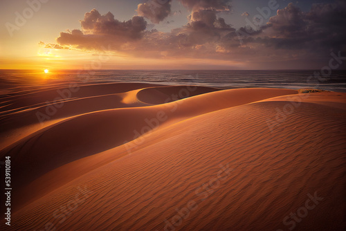 Panorama banner of sand dunes Sahara Desert at sunset. Endless dunes of yellow sand. Desert landscape Waves sand nature. 