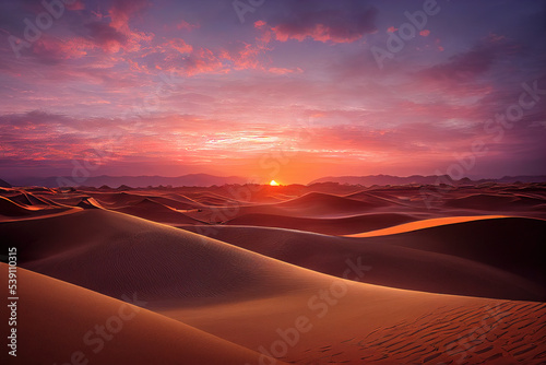 Panorama banner of sand dunes Sahara Desert at sunset. Endless dunes of yellow sand. Desert landscape Waves sand nature