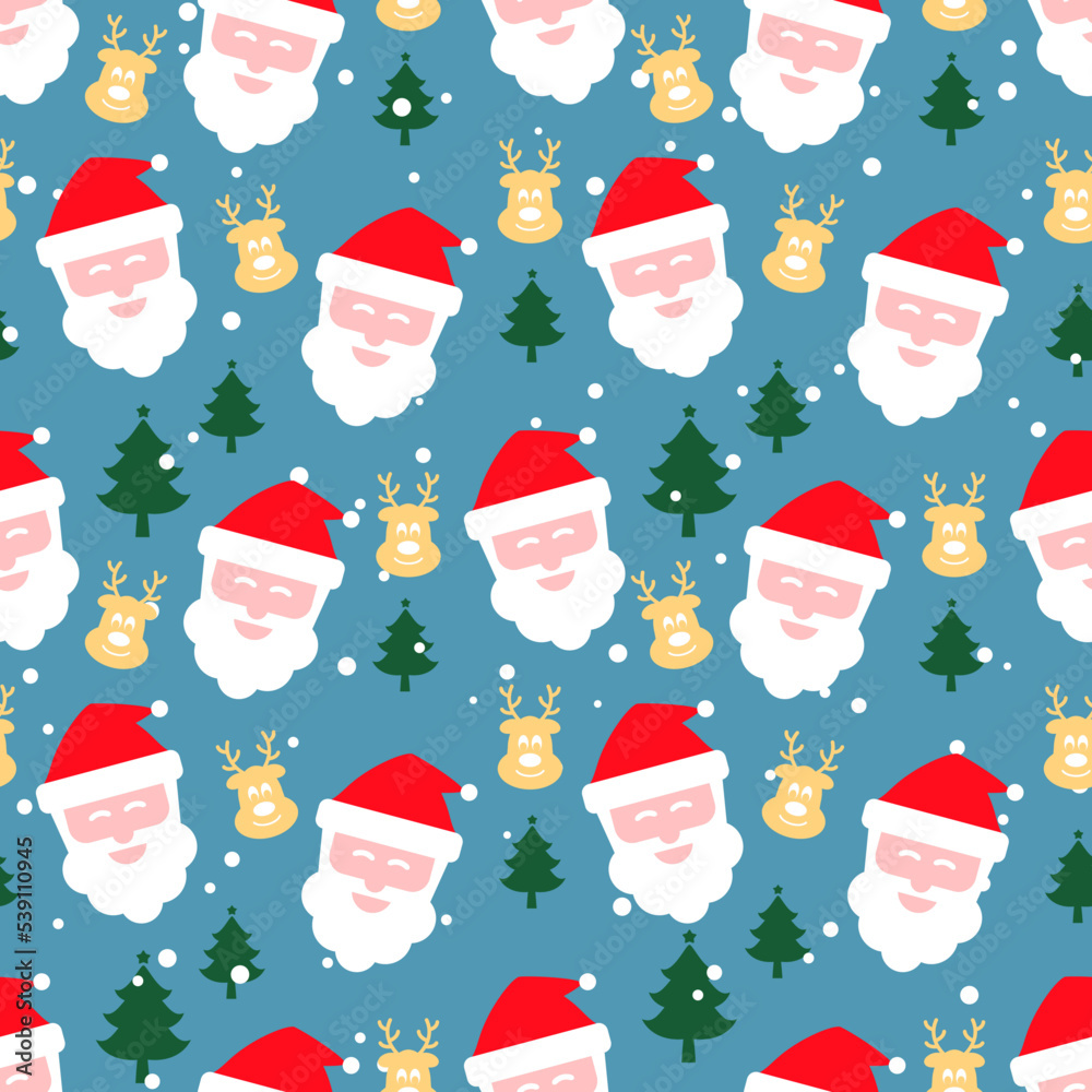 Christmas seamless pattern with santa and reindeer head on falling snow background. Seasonal celebration abstract surface. Christmas character vector illustration.