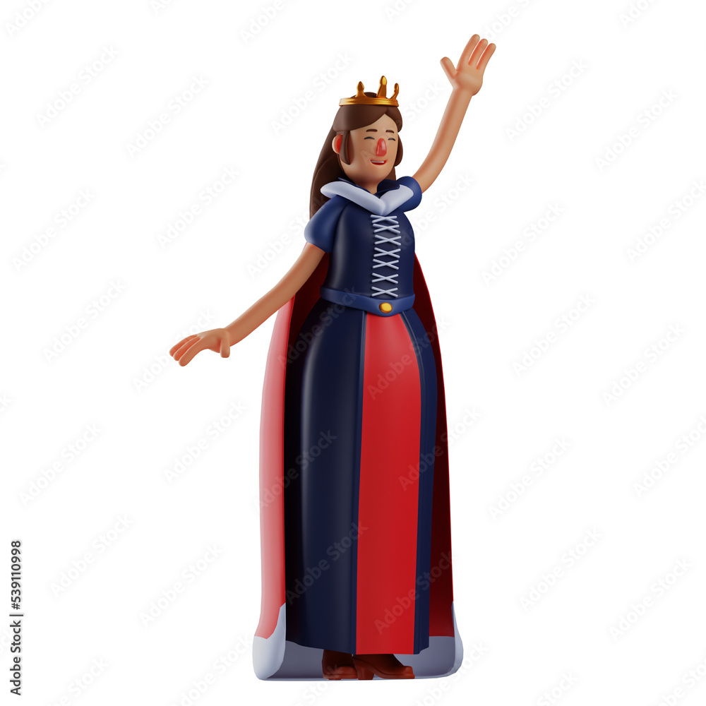  3D illustration. Charismatic Queen 3D cartoon greeting people. with a hand pose while waving a hand. and wearing a beautiful crown. 3D Cartoon Character