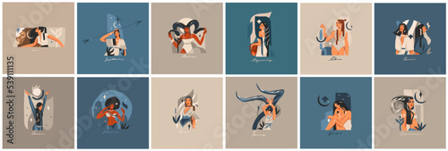 Hand drawn vector stock abstract graphic illustrations with zodiac astrological contemporary signs symbols collection set,beauty magic female characters,clipart boho design,feminine astrology concept.