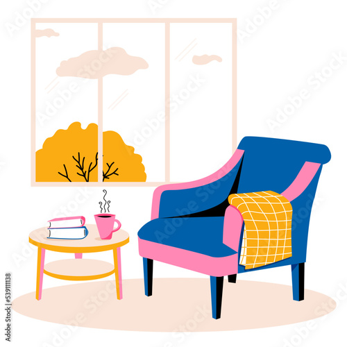 Armchair, plaid, coffee table, window. Cozy home hygge interior. Vector illustration