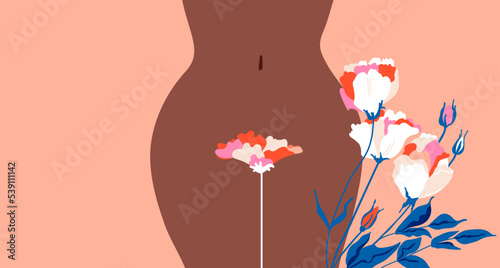 Women's health. Female dark hips. Bikini line.  The topic of female intimate depilation and hygiene. Roses, leaves. Vector photo