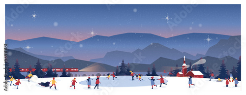 Banner vector illustration of winter night scene in countryside with train and snow fall.Happy people outside.Play skate,snowman,snowball.Concept of happy holidays in the mountain.
