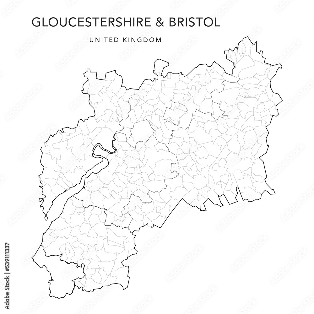 Administrative Map of Gloucestershire and the City of Bristol with Counties, Districts, and Civil Parishes as of 2022 - United Kingdom, England - Vector Map
