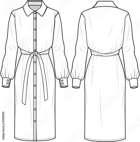 Collared Long Sleeve Midi Dress with Belt  Front and Back View. Fashion Illustration, Vector, CAD, Technical Drawing, Flat Drawing, Template, Mockup.