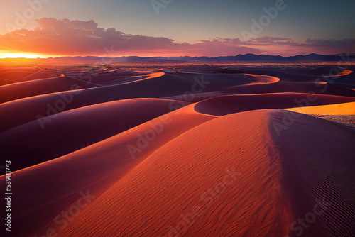 Panorama banner of sand dunes Sahara Desert at sunset. Endless dunes of yellow sand. Desert landscape Waves sand nature © Hassan