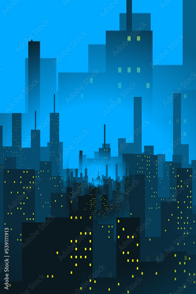 futuristic cityscape with mix of residential and commercial property against a dramatic blue night sky