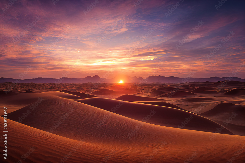 Mesmerizing view of vast sand dunes in the Sahara Desert, bathed in golden sunrise hues, showcasing nature's artistry. Perfect embodiment of untouched beauty and tranquility  