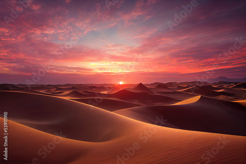 Panorama banner  of Captivating Sahara Desert panorama at sunset  showcasing undulating sand dunes bathed in golden hues  perfect for travel  nature  and adventure theme 