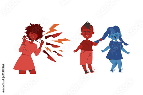 Woman and Little Boy Aggressor Shouting and Pulling Hair of Victim Vector Set