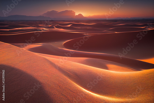 Panorama banner of sand dunes Sahara Desert at sunset. Endless dunes of yellow sand. Desert landscape Waves sand nature         